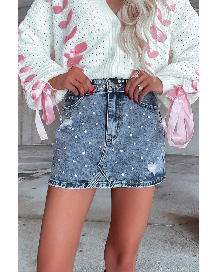 Dusk Blue Rhinestone Distressed Denim High Waist Mini Skirt - XL