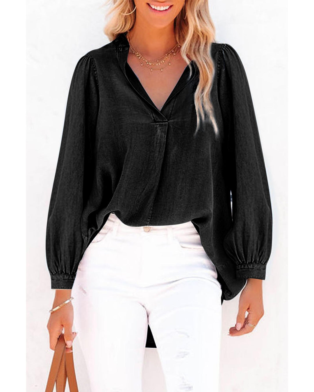 Black Split V-Neck Balloon Sleeve Ruched Denim Top - L