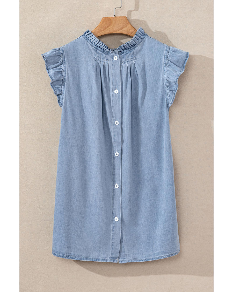 Beau Blue Frilly Pleated Button Back Retro Chambray Top - L