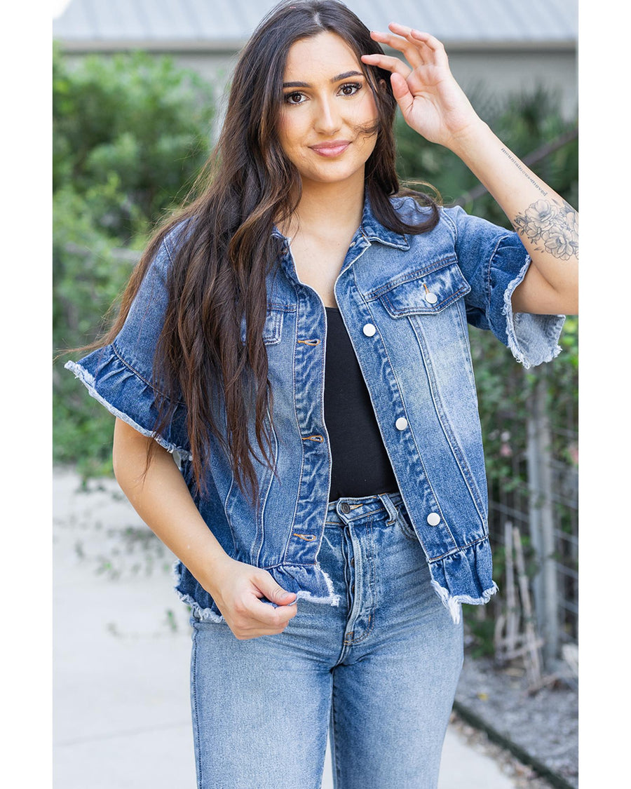 Peacock Blue Raw Edge Ruffled Short Sleeve Denim Jacket - S