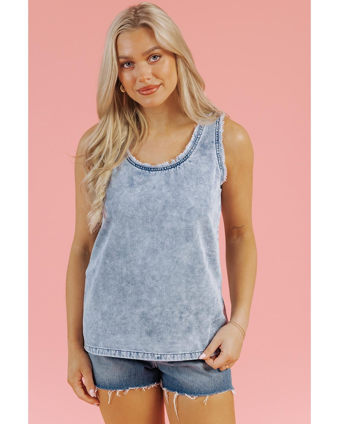 Beau Blue Mineral Wash Denim Frayed U Neck Sleeveless Top - 2XL