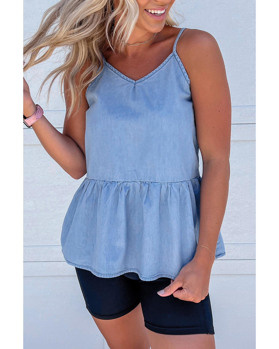 Sky Blue Casual Ruffled Spaghetti Straps Denim Tank Top - M