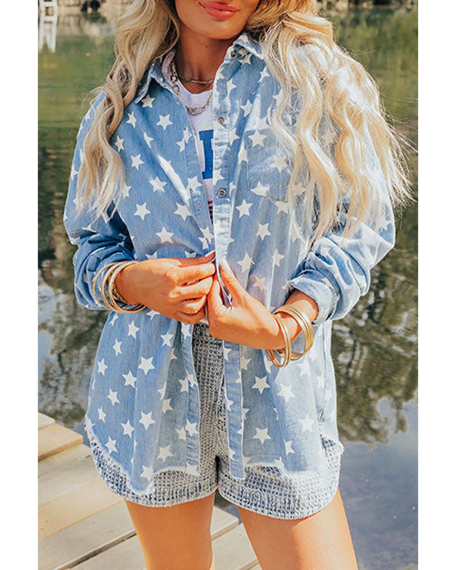 Sky Blue Star Print Light Wash Raw Hem Denim Jacket - L