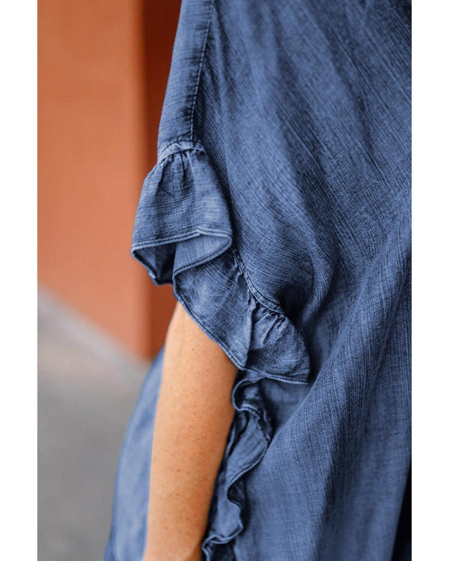 Dusk Blue Chambray Ruffle Hem Half Sleeve Open Loose Kimono - L
