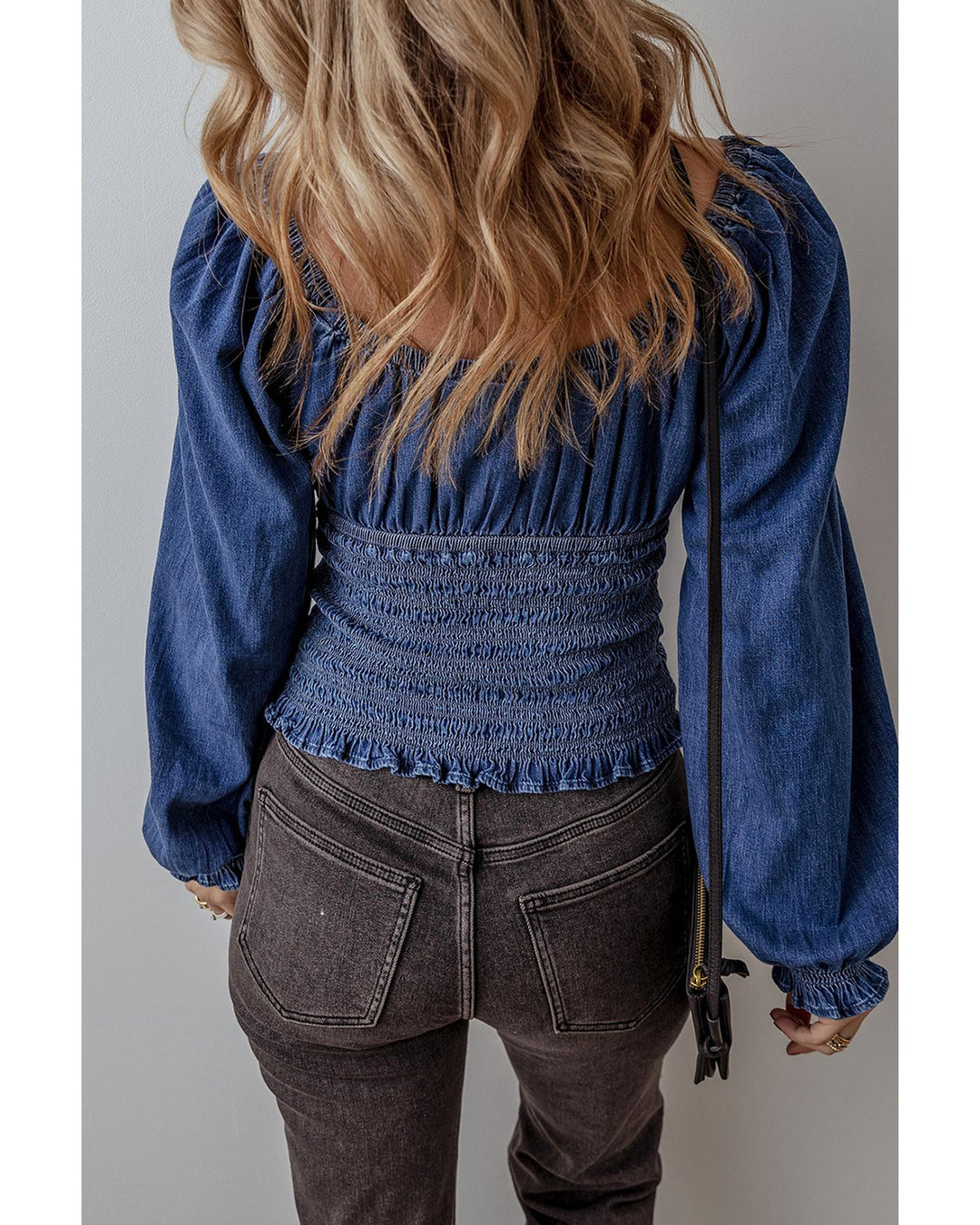 Dark Blue Smocked Ruffled Puff Sleeve V Neck Denim Blouse - S