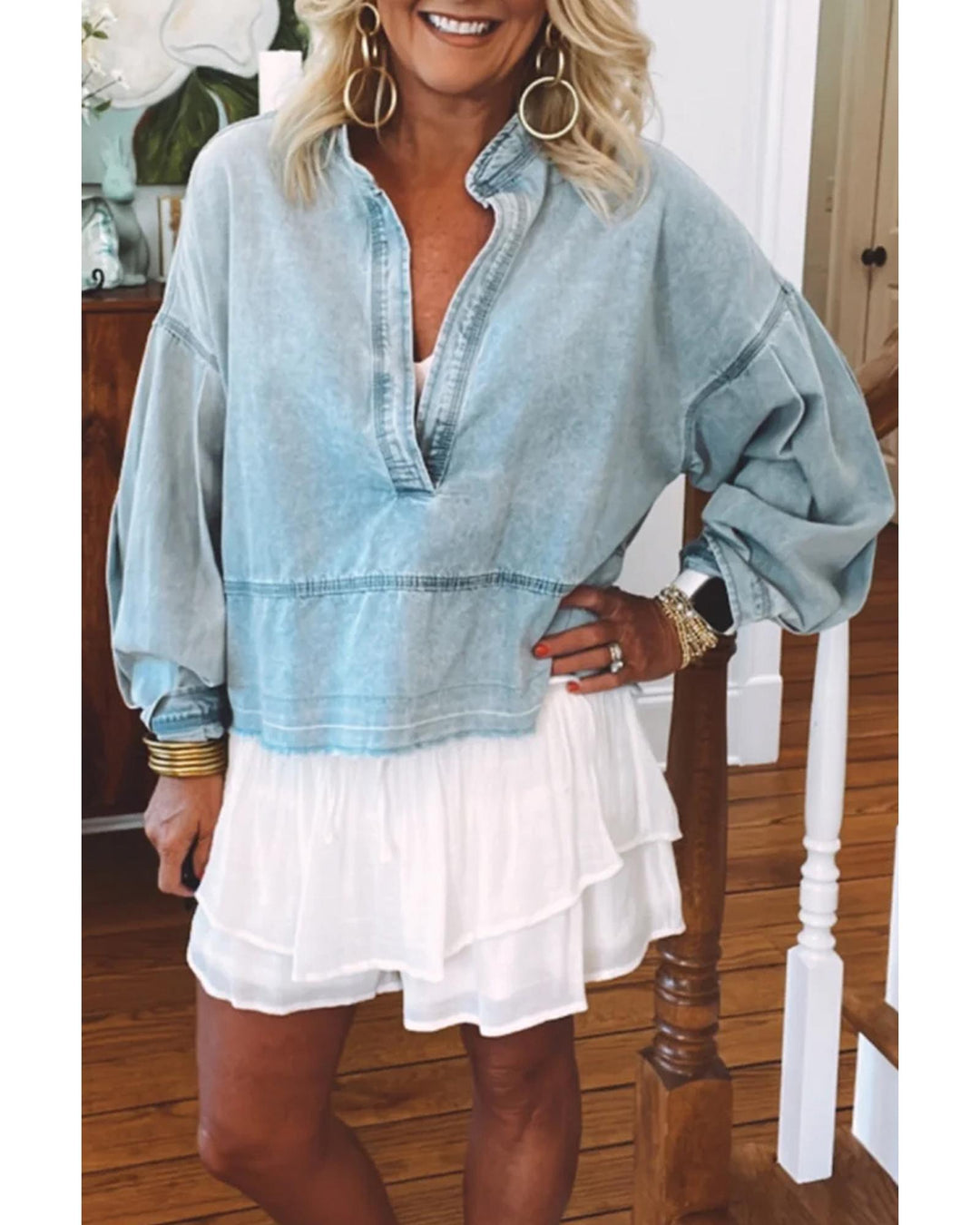 Beau Blue Light Wash Exposed Stitching Raw Hem V Neck Denim Top - L