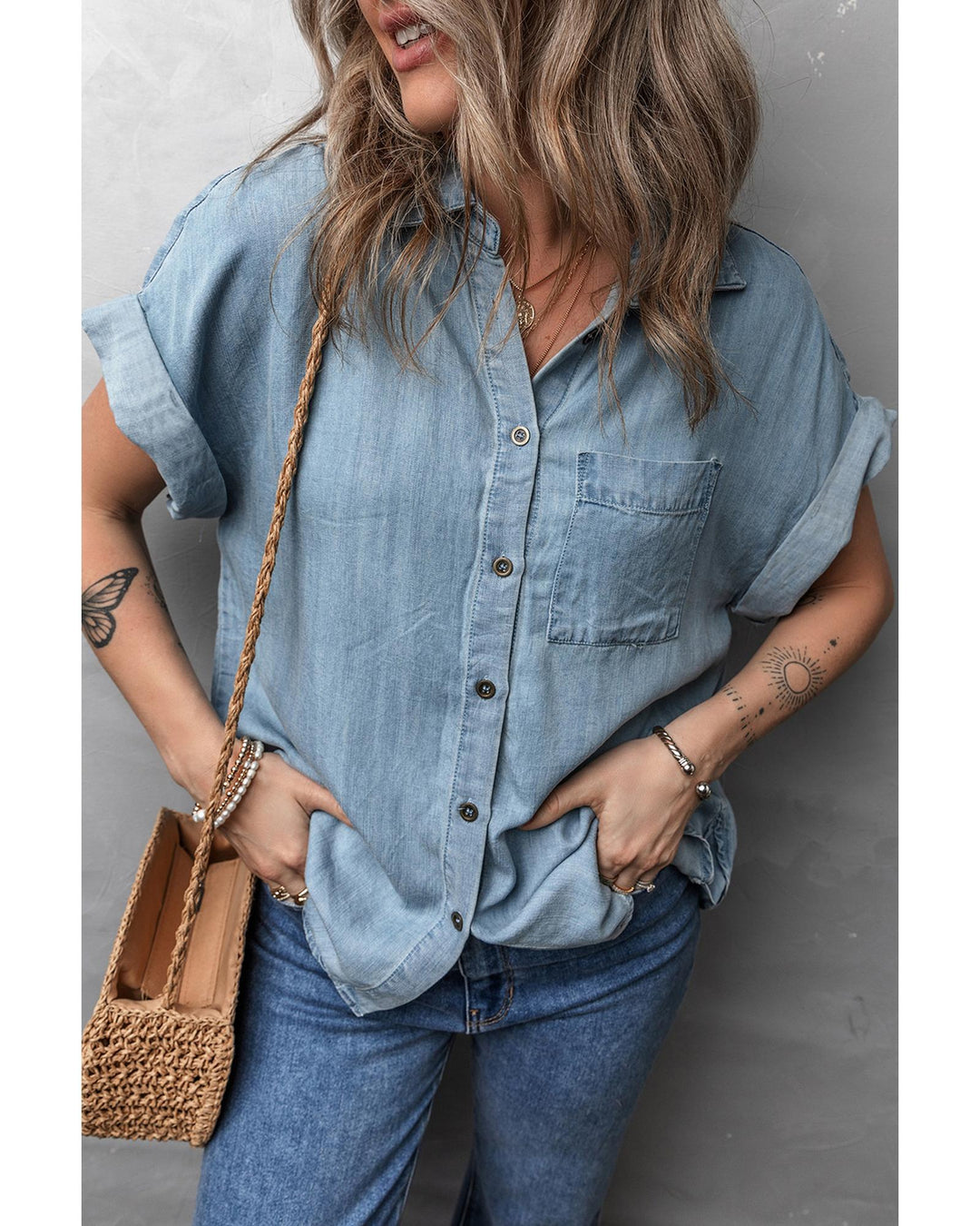 Dusk Blue Folded Short Sleeve Patched Pocket Denim Shirt - S
