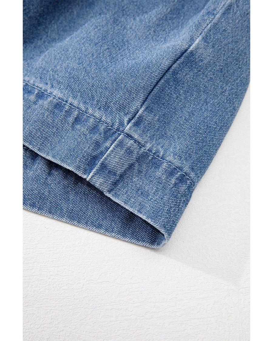 Dusk Blue Tied Front Bubble Sleeve Peplum Denim Shirt - M