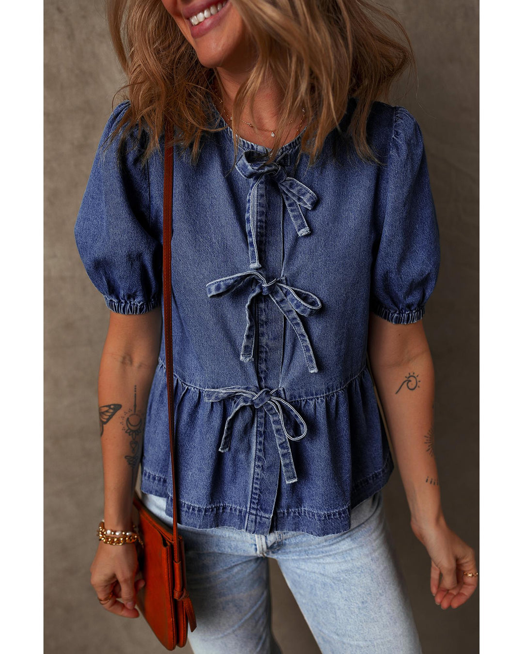 Sail Blue Tied Front Bubble Sleeve Peplum Denim Shirt - S