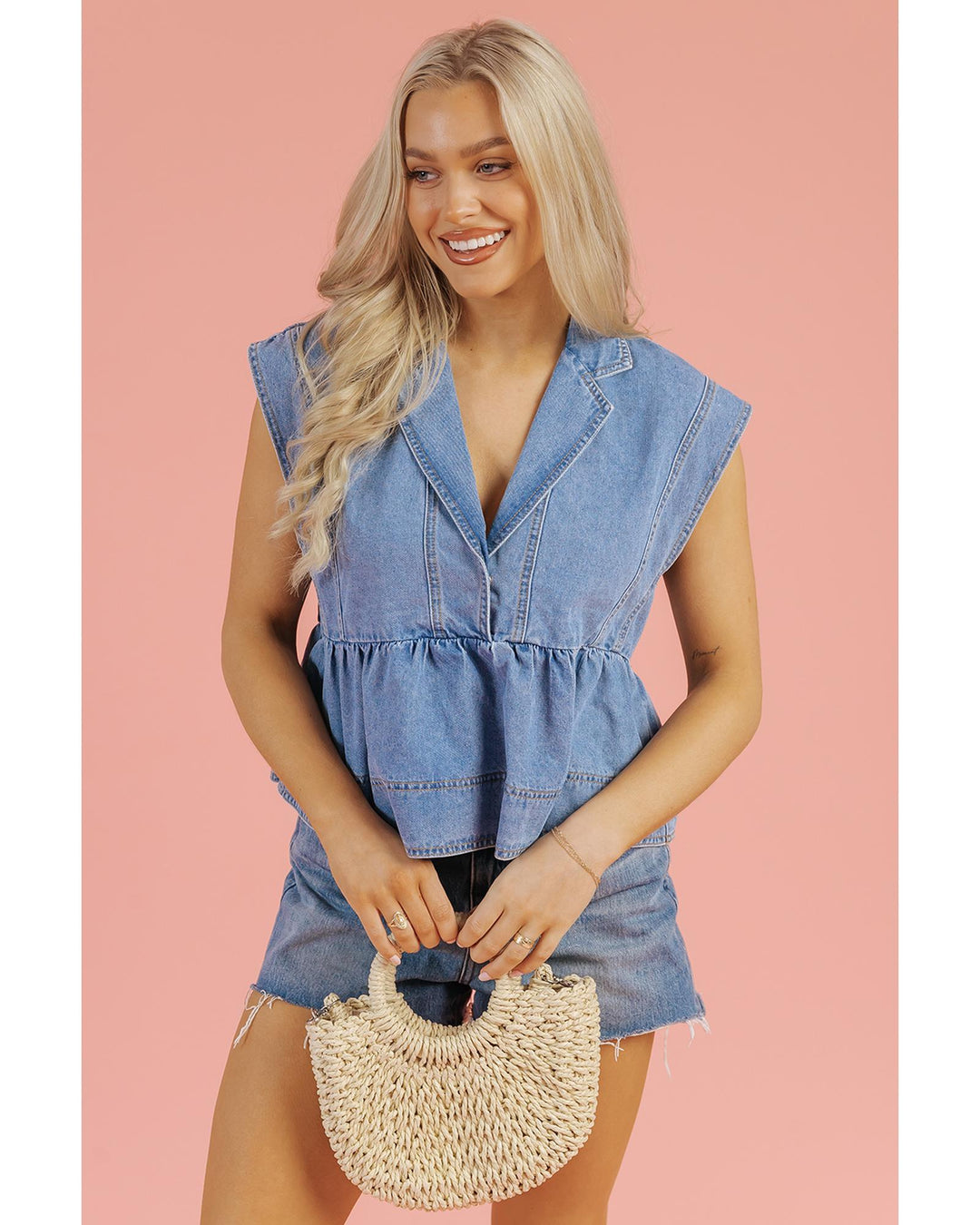 Dusk Blue Lapel Denim Babydoll Top - S