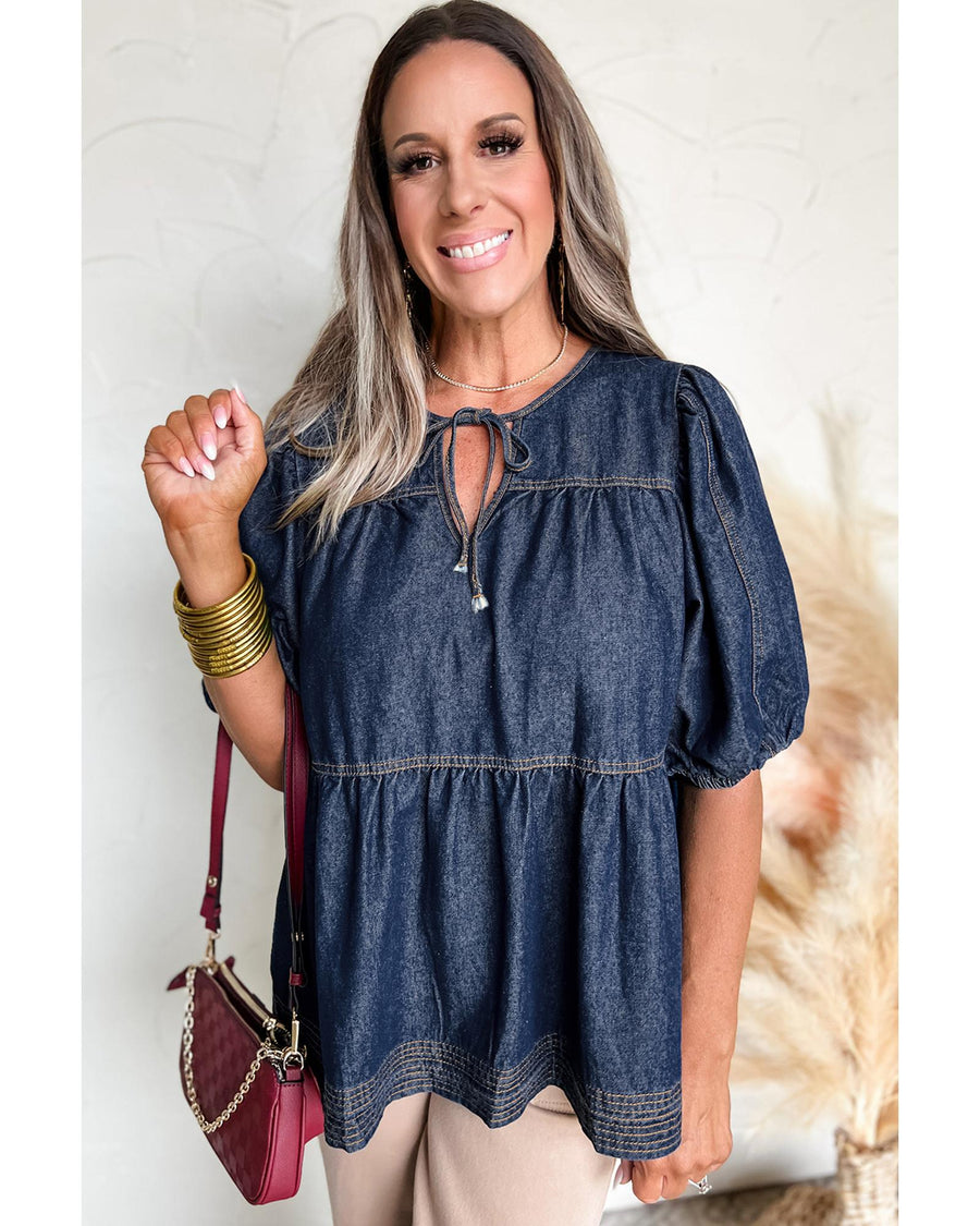 Sail Blue Puff Sleeve Lace-up Neckline Splicing Denim Blouse - M