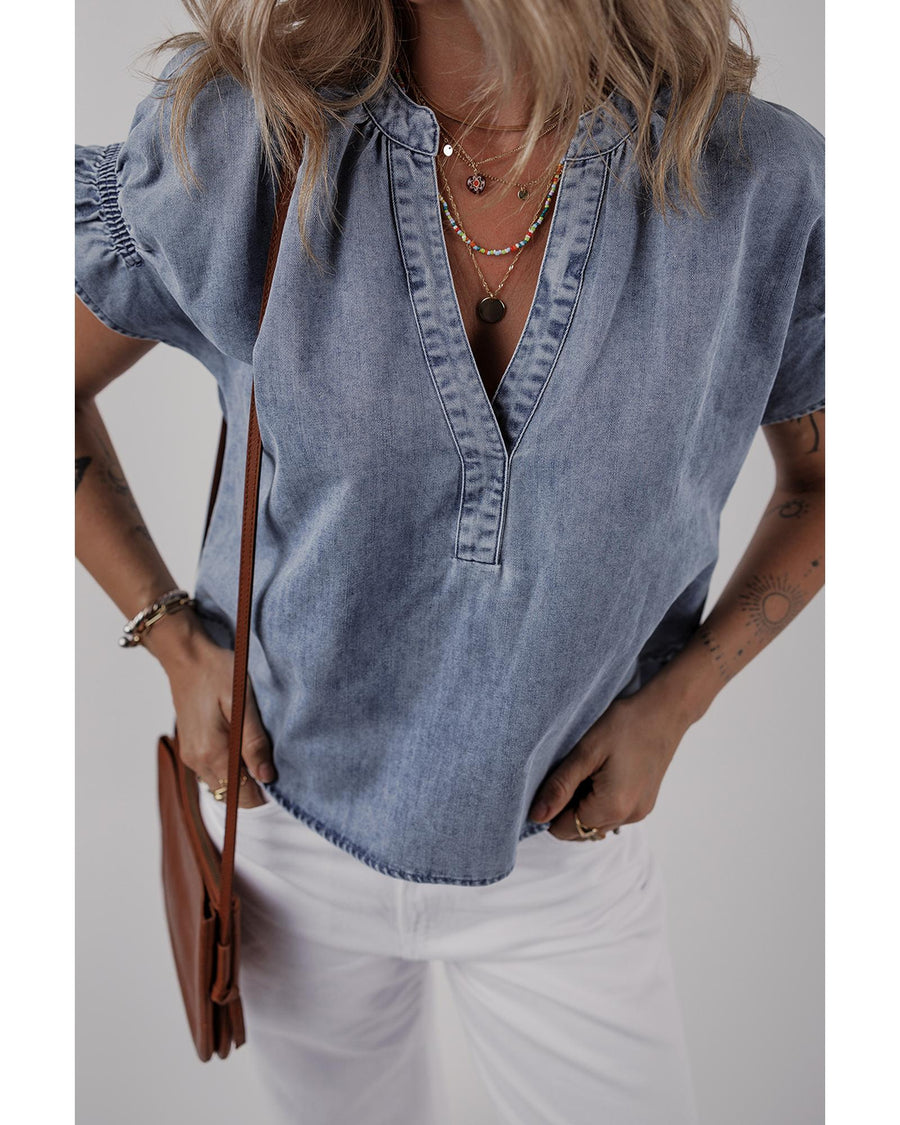 Dusk Blue V Neck Ruffled Short Puff Sleeve Denim Top - M