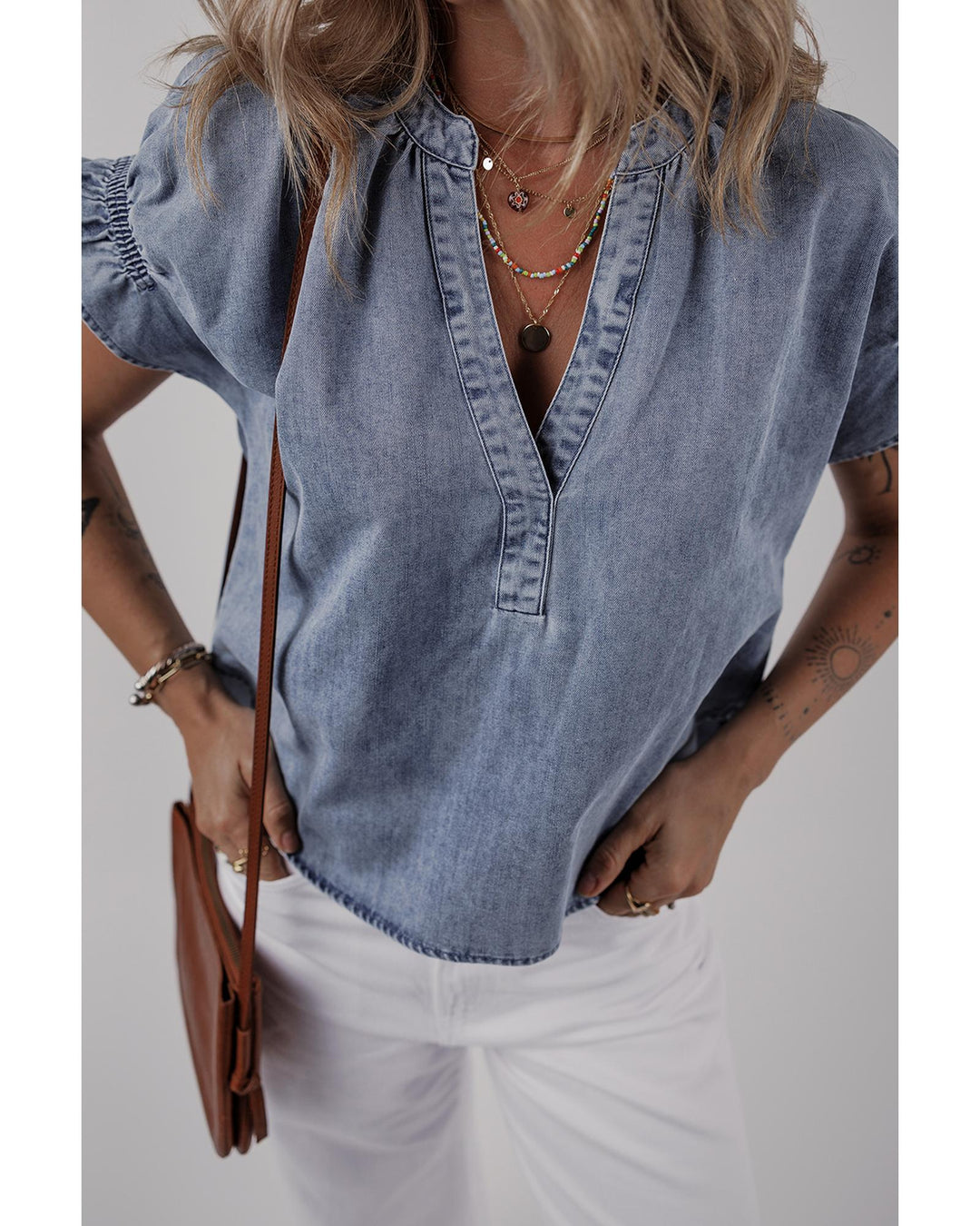 Dusk Blue V Neck Ruffled Short Puff Sleeve Denim Top - XL