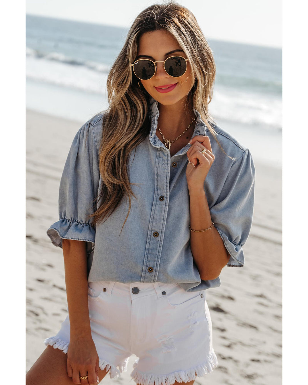 Beau Blue Ruffle Short Puff Sleeve Summer Chambray Shirt - L