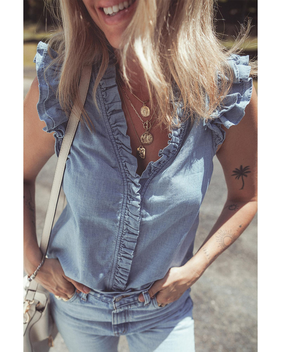 Beau Blue Frilly Ruffle Trim V Neck Chambray Tank Top - S