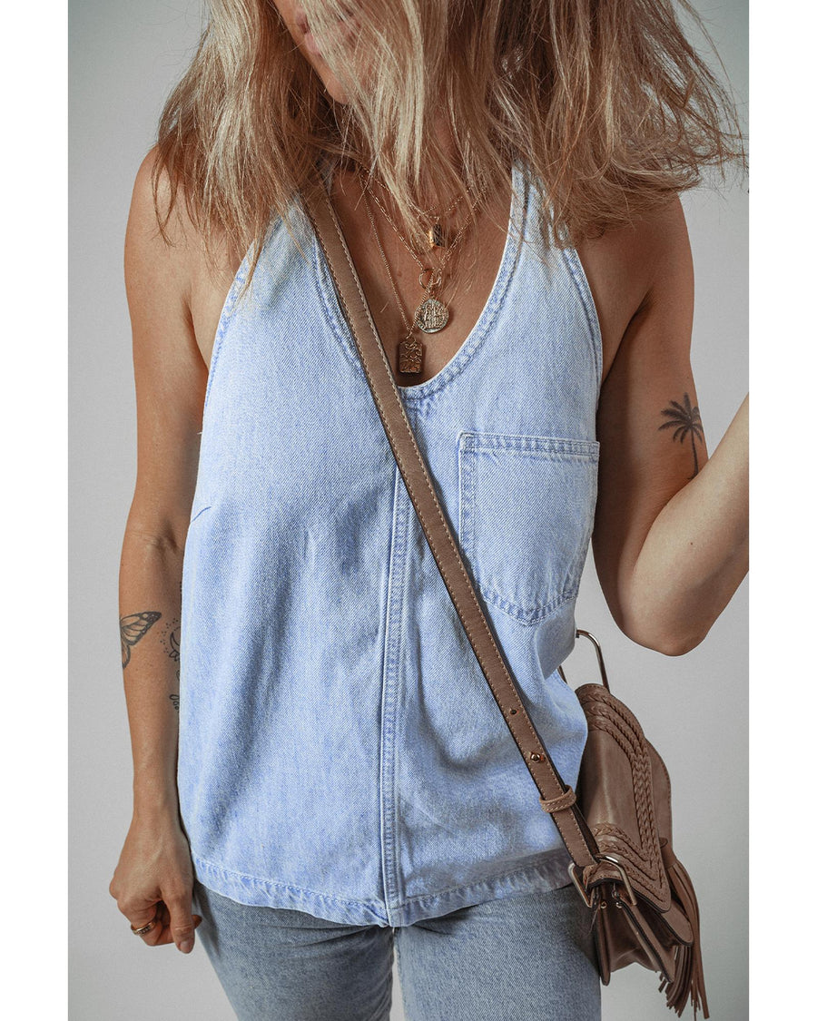 Beau Blue Knotted Open Back Halterneck Denim Tank Top - XL