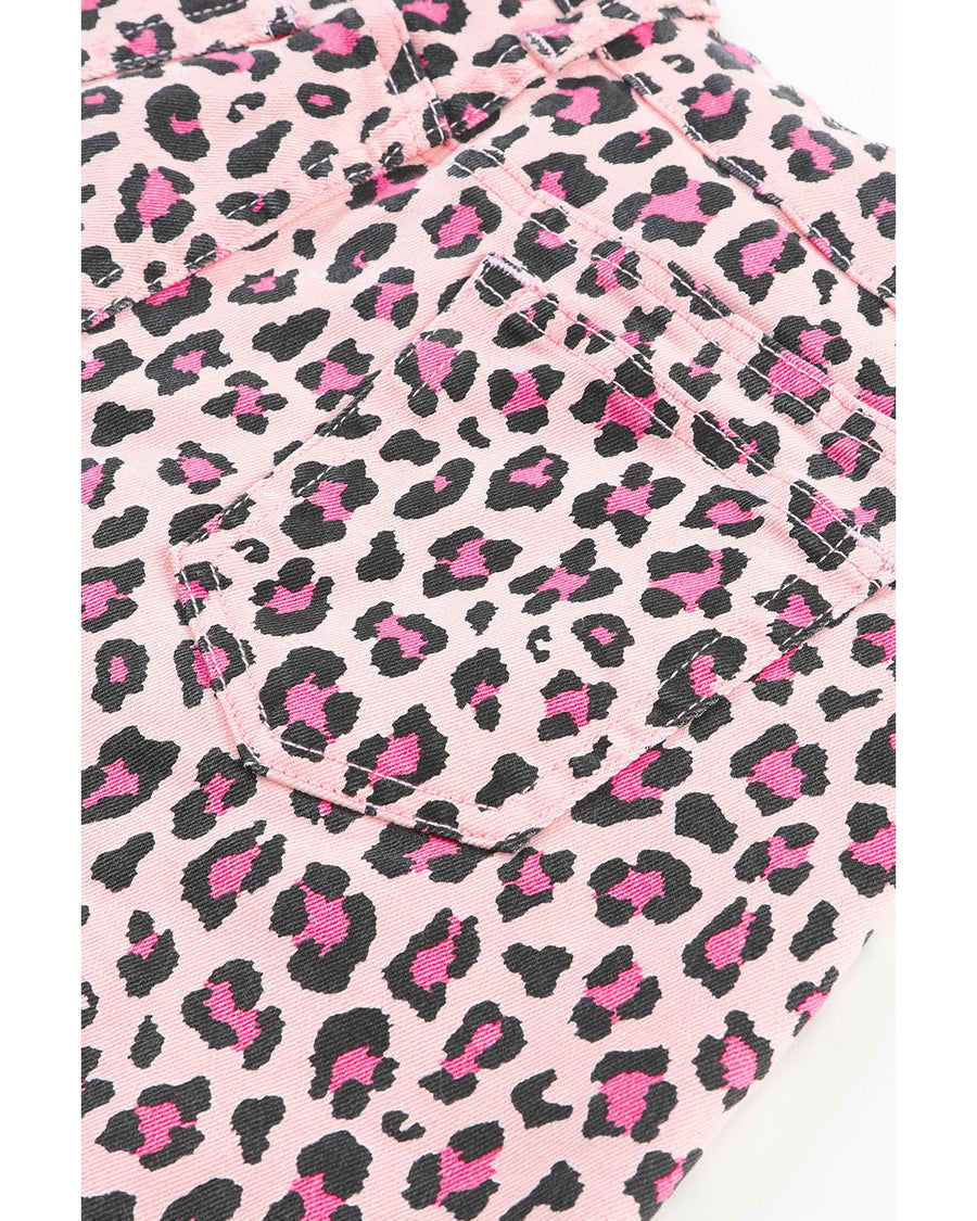 Pink Leopard Print Raw Hem Denim Shorts - 10 US