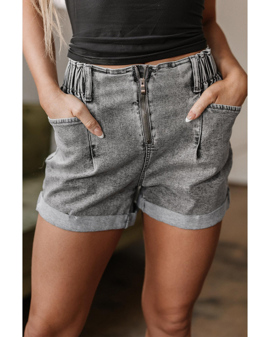 Gray Zipped Light Wash Cuffed Edge Denim Shorts - 16 US
