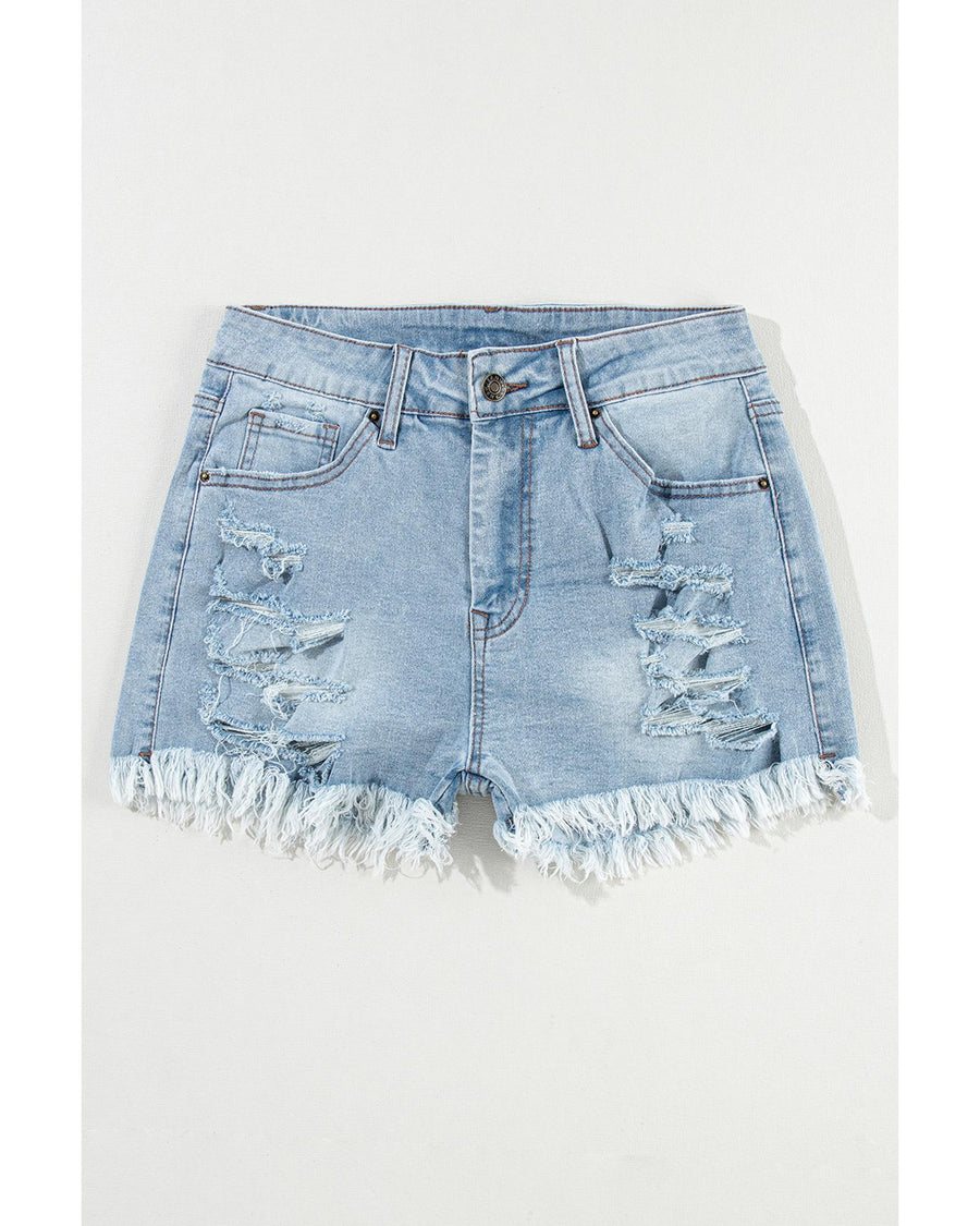 Light Blue Distressed Ripped Raw Hem High Waist Denim Shorts - 10 US
