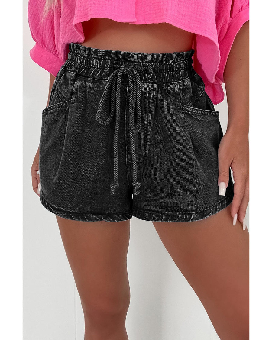 Black Drawstring High Waist Casual Denim Shorts with Pockets - 4 US