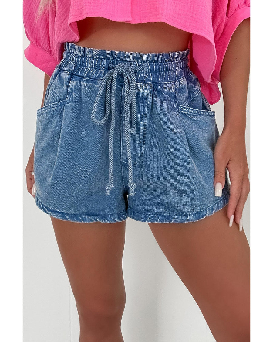 Ashleigh Blue Drawstring High Waist Casual Denim Shorts with Pockets - 4 US