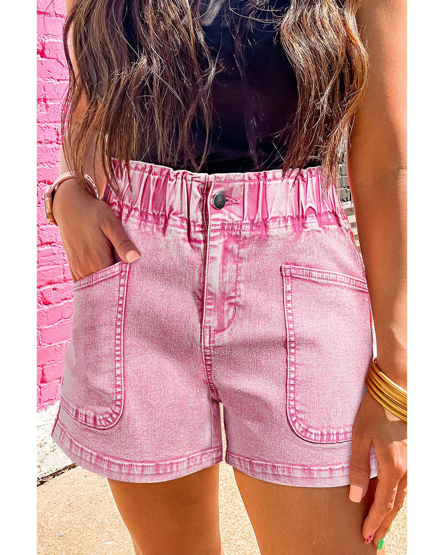 Strawberry Pink Elastic High Waisted Denim Shorts - 12 US