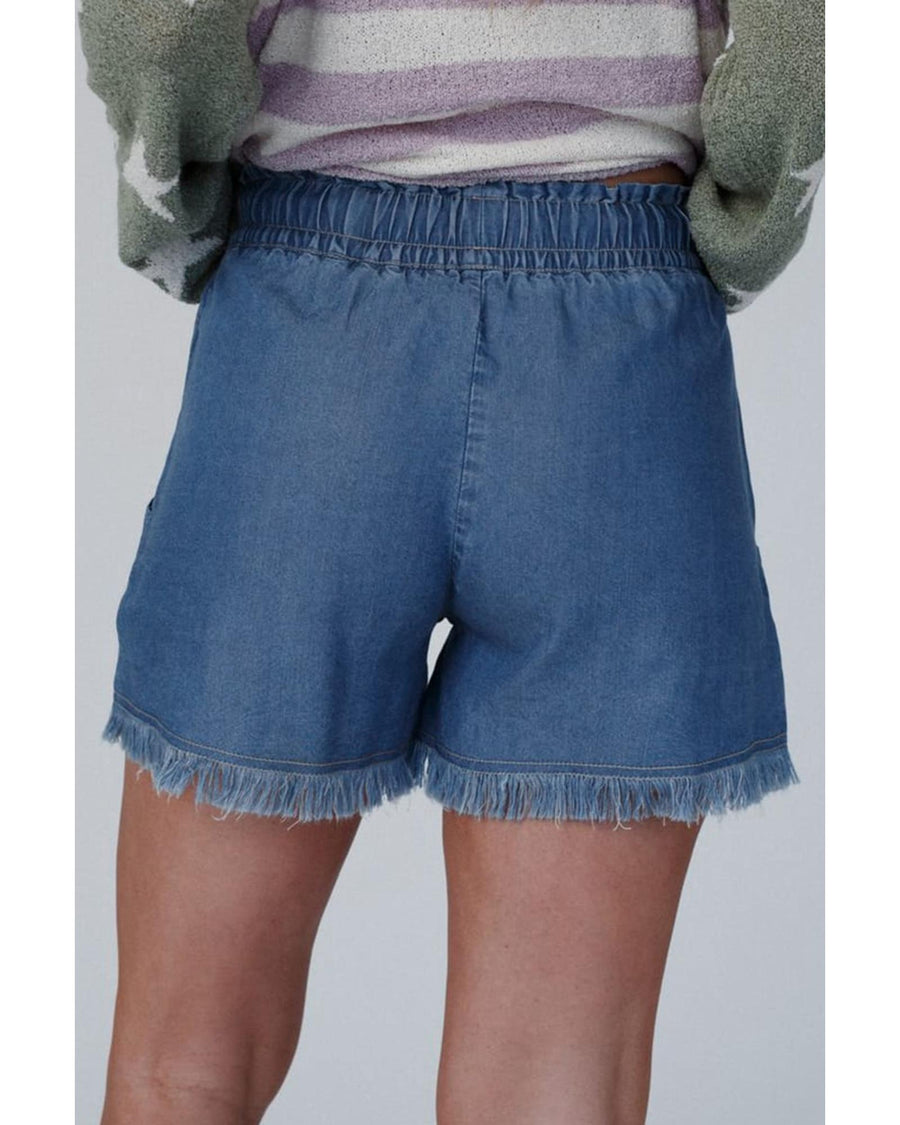 Ashleigh Blue Raw Hem Drawstring High Waist Denim Shorts with Pockets - 10 US