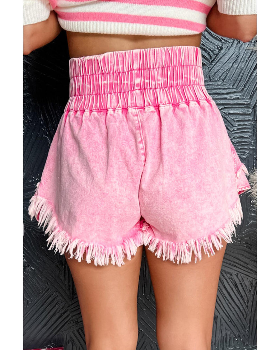 Pink Washed Wide Smocked Waistband Frayed Denim Shorts - 4 US