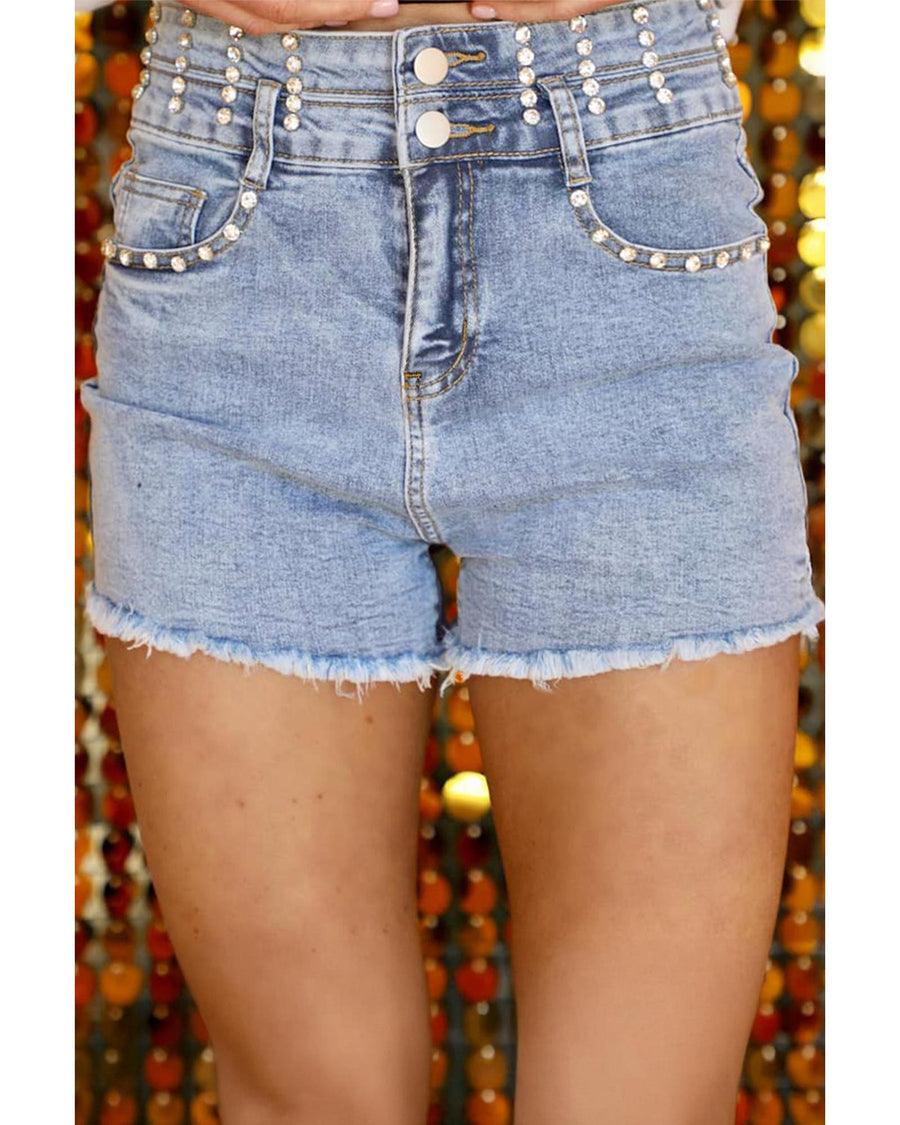 Beau Blue Rhinestone Light Wash Raw Hem High Waist Denim Shorts - 4 US