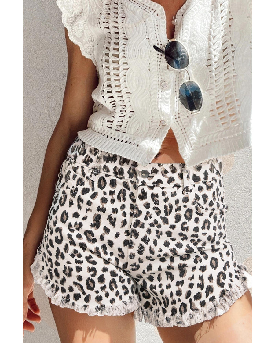 White Leopard Frayed Hem Denim Shorts - 6 US
