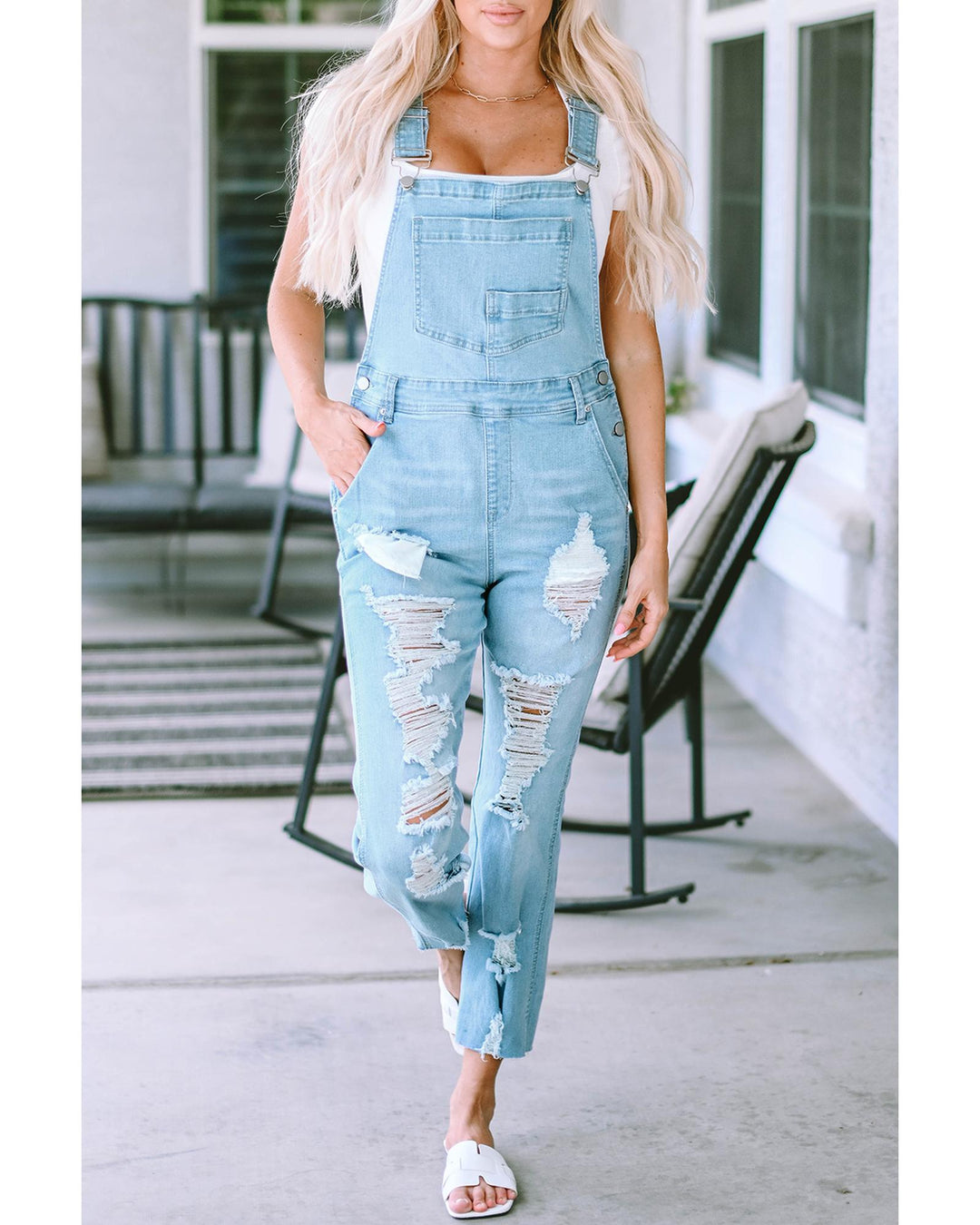 Sky Blue Constructed Bib Pocket Distressed Denim Overalls - XL