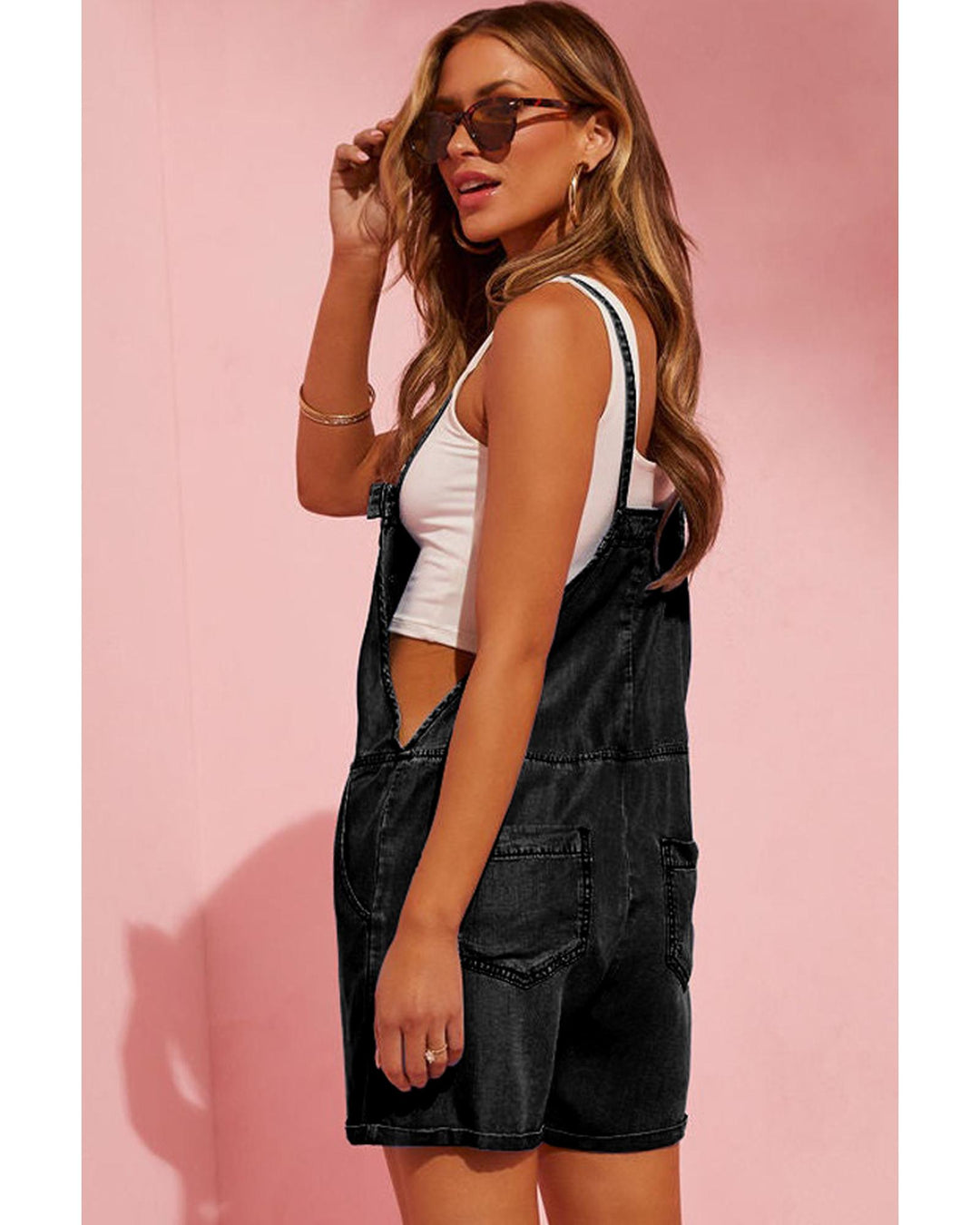 Black Grommet Tie Straps Casual Denim Romper - L