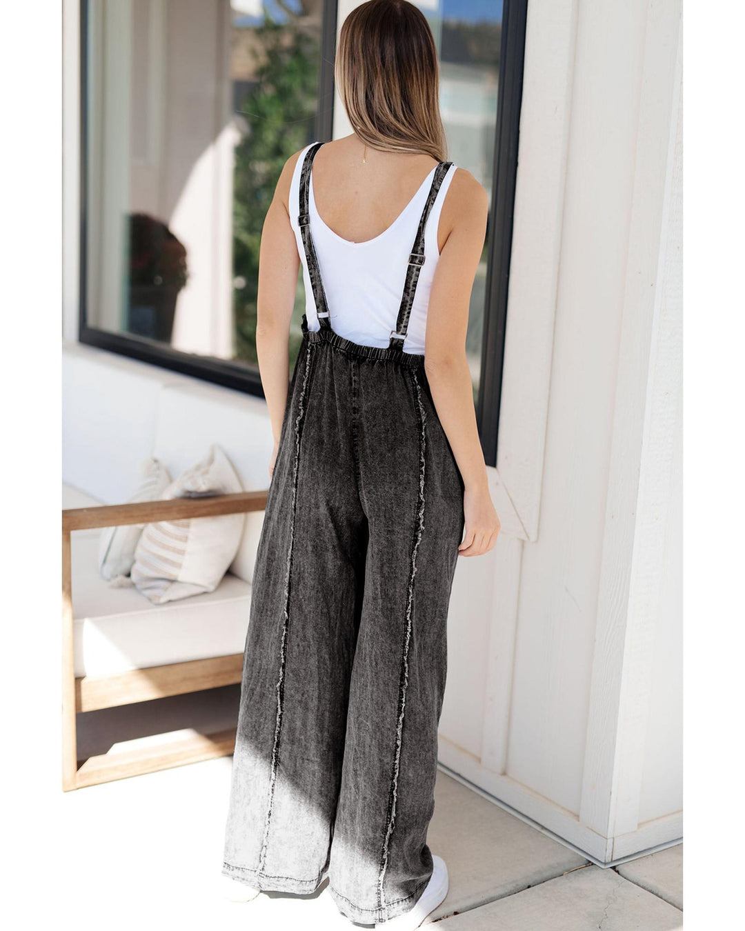 Dark Grey Light Wash Frayed Exposed Seam Wide Leg Denim Overall - S