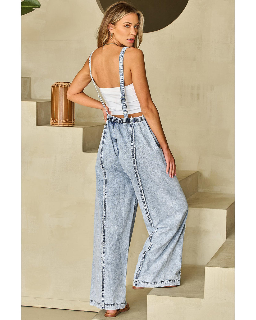 Beau Blue Light Wash Frayed Exposed Seam Wide Leg Denim Overall - L