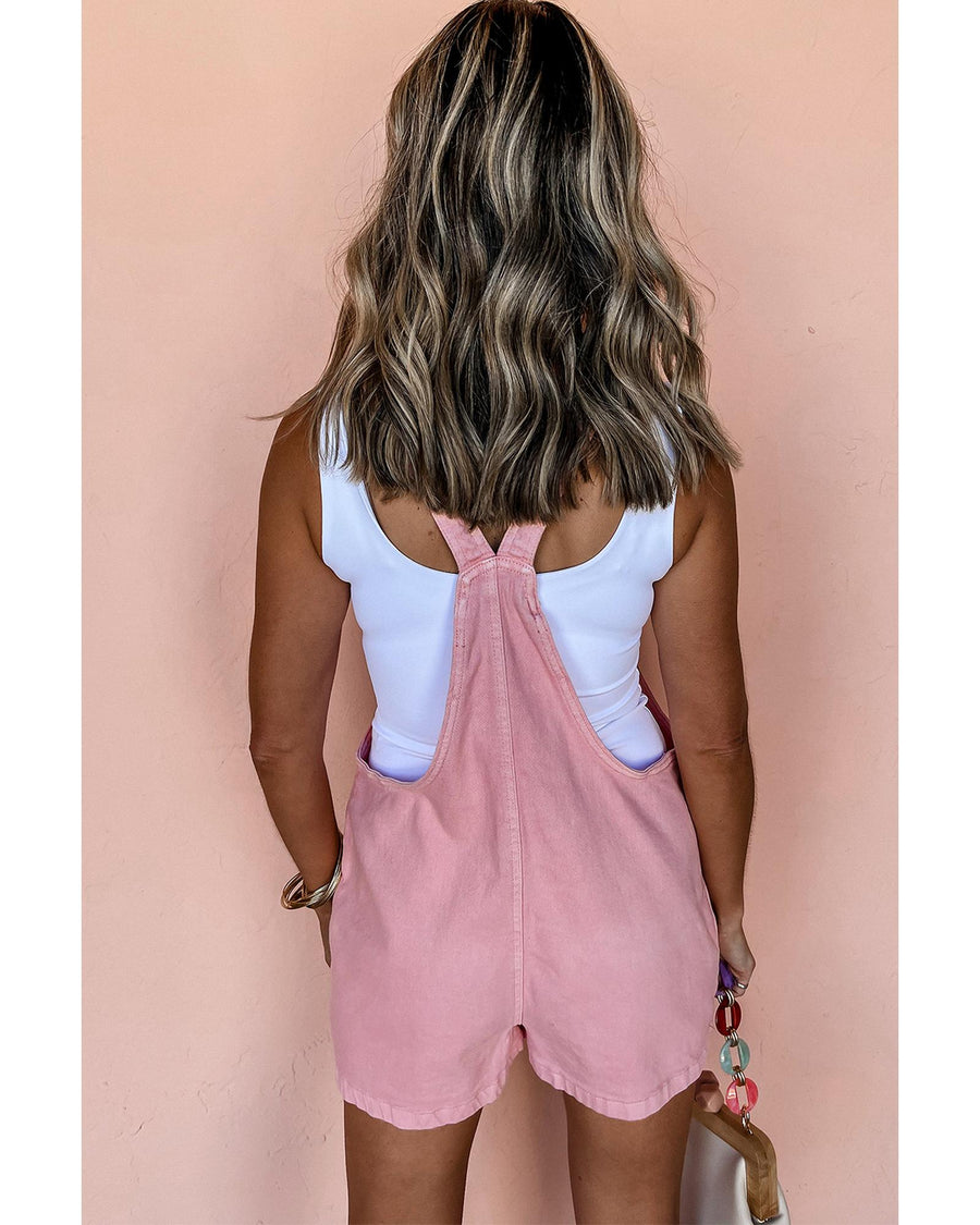 Pink Solid Color Knot Straps Denim Romper with Pockets - M