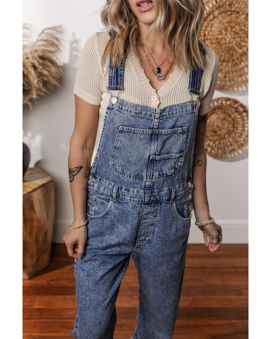Sail Blue Denim Bib Straight Leg Jumpsuit with Pockets - L