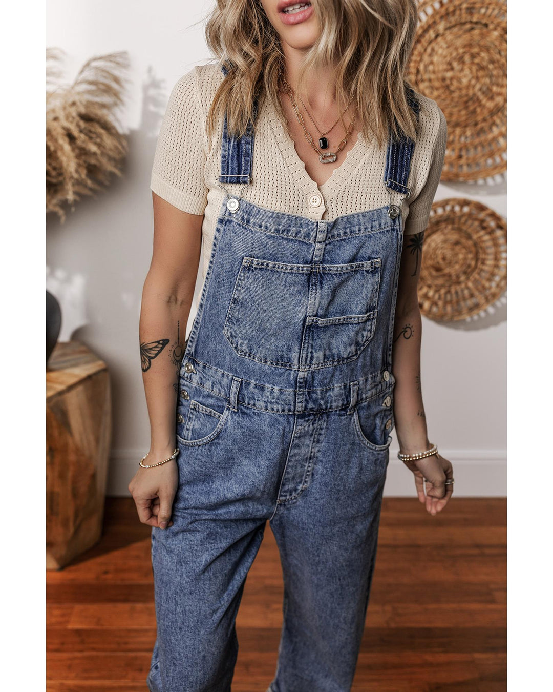 Sail Blue Denim Bib Straight Leg Jumpsuit with Pockets - S