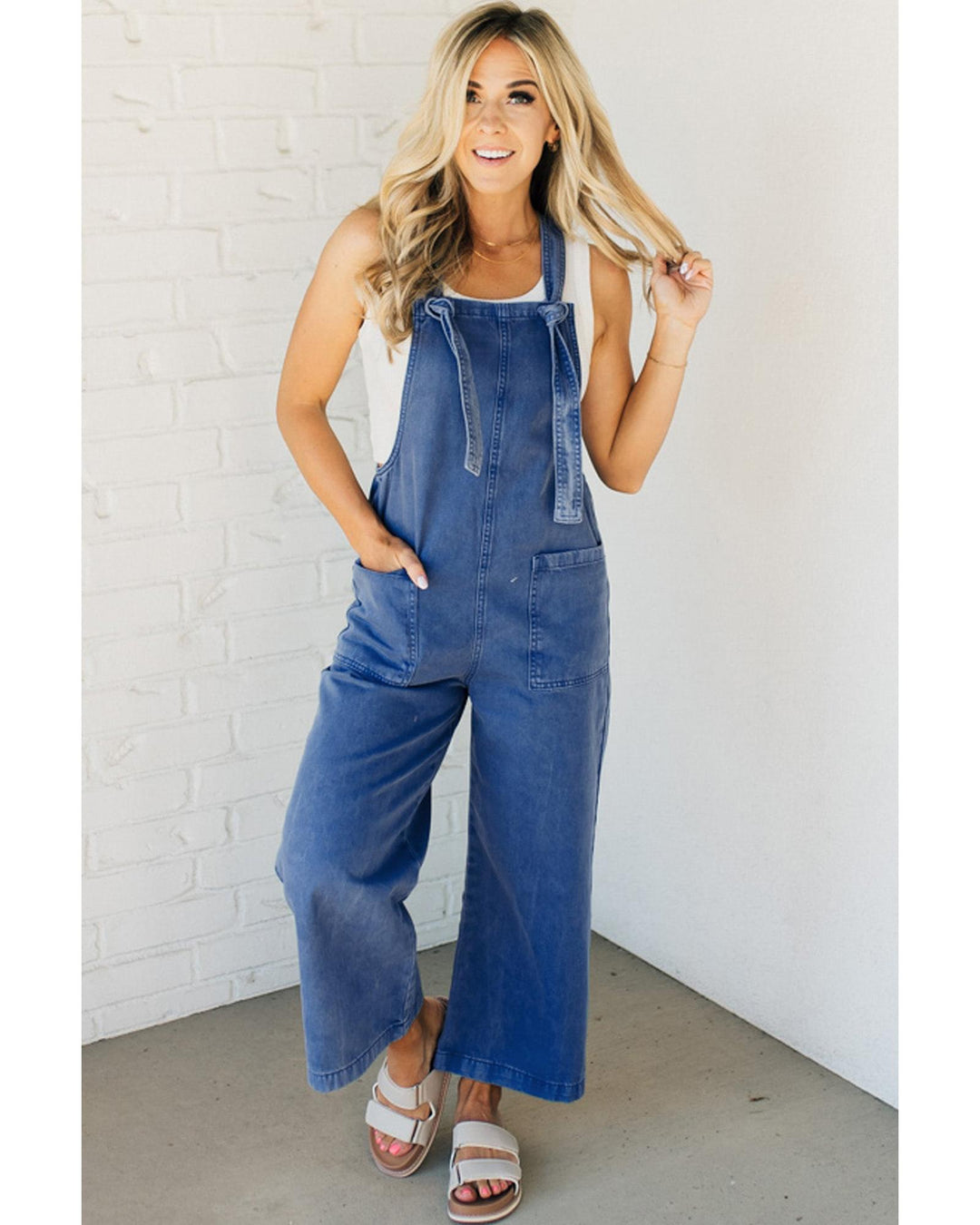 Prussian Blue Mineral Wash Knotted Strap Patched Pocket Wide Leg Denim Overalls - XL
