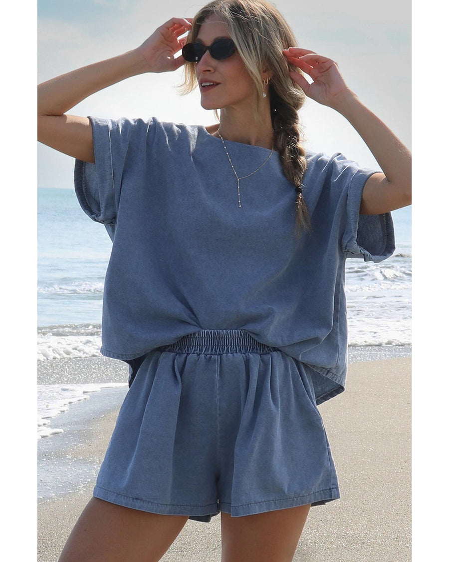 Light Blue Denim Cuffed Sleeve Tee Elastic Shorts Set - XL