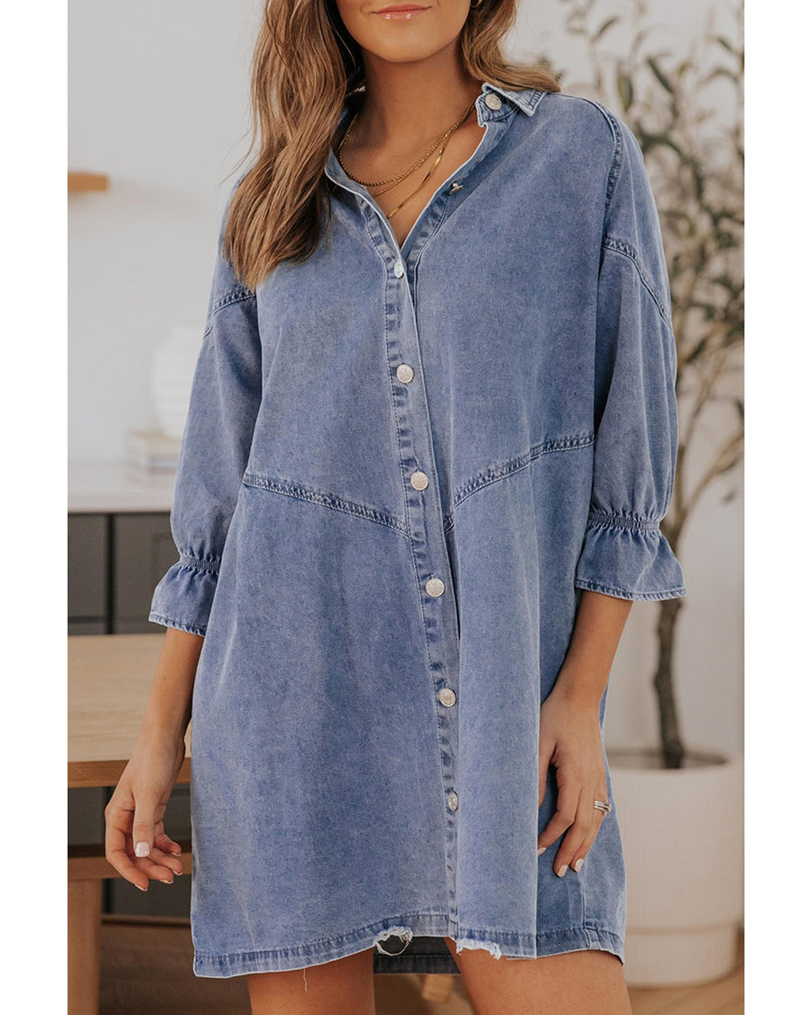 Azura Exchange Sky Blue Buttoned Long Sleeve Denim Mini Dress - M
