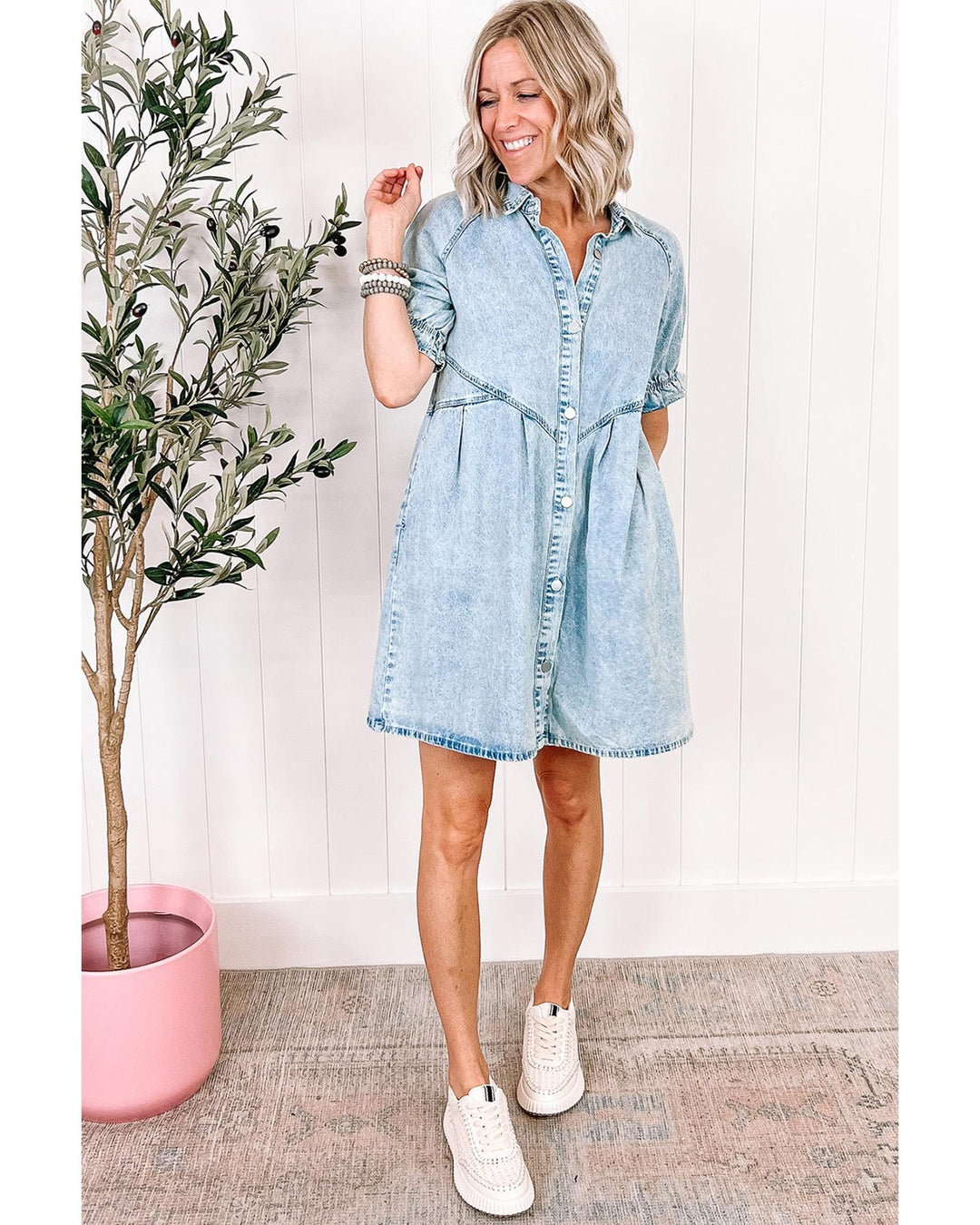 Beau Blue Mineral Wash Ruffled Short Sleeve Buttoned Denim Dress - XL