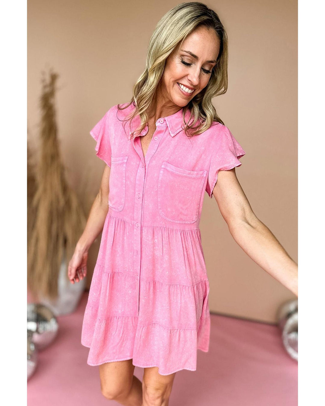 Bonbon Mineral Washed Ruffle Sleeve Tiered Chambray Dress - XL