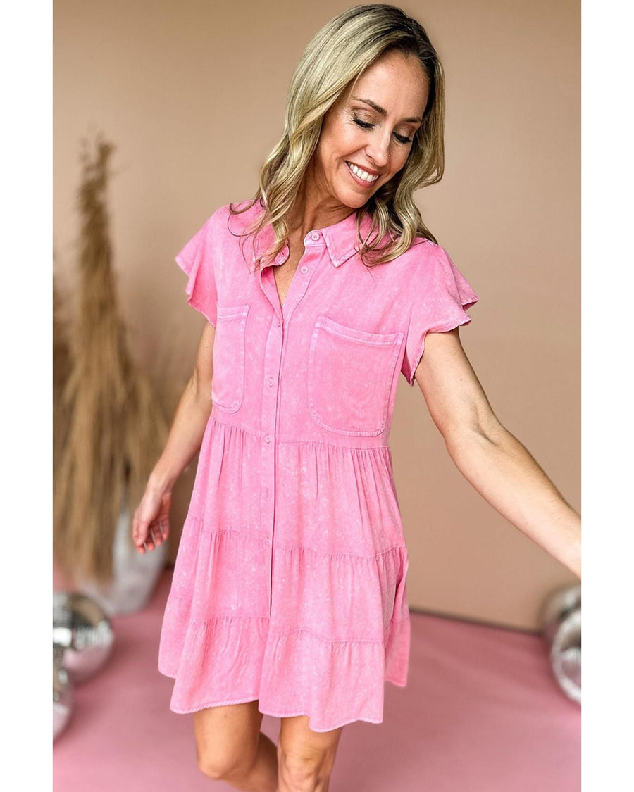 Bonbon Mineral Washed Ruffle Sleeve Tiered Chambray Dress - XL