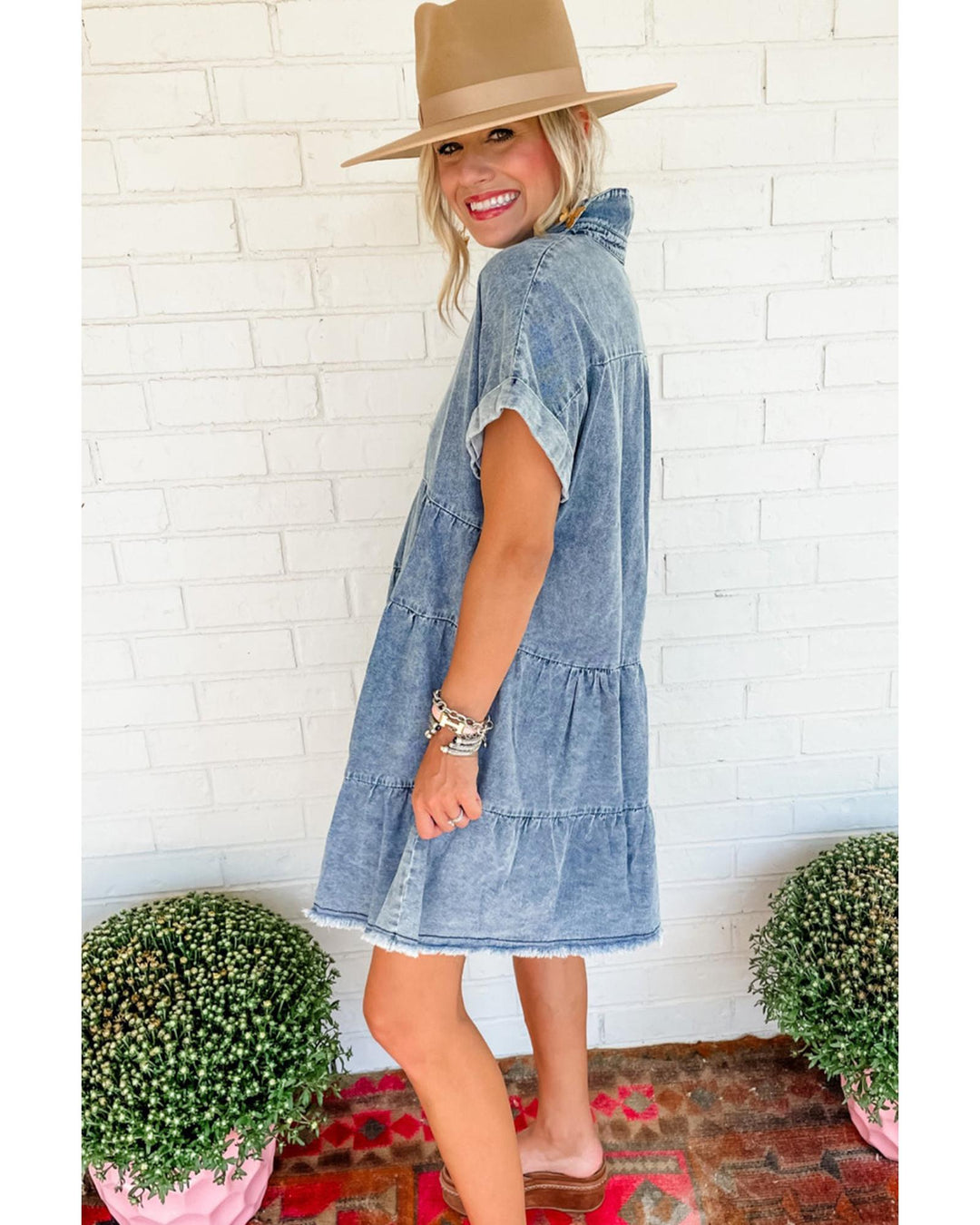 Sky Blue Acid Wash V Neck Tiered Denim Dress - L