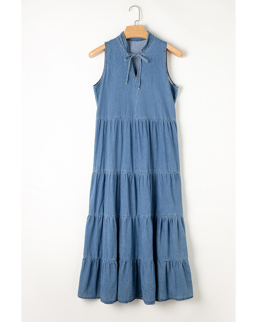 Blue Sleeveless Tiered Chambray Maxi Dress - M