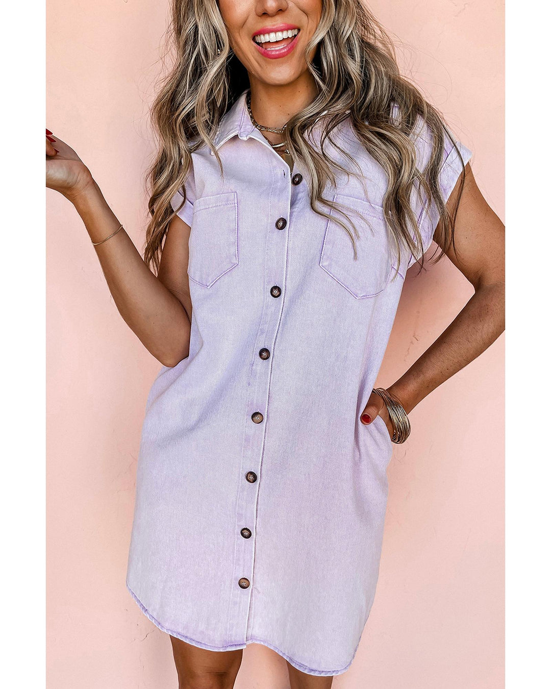Orchid Petal Short Sleeve Double Chest Pocket Denim Shirt Dress - S