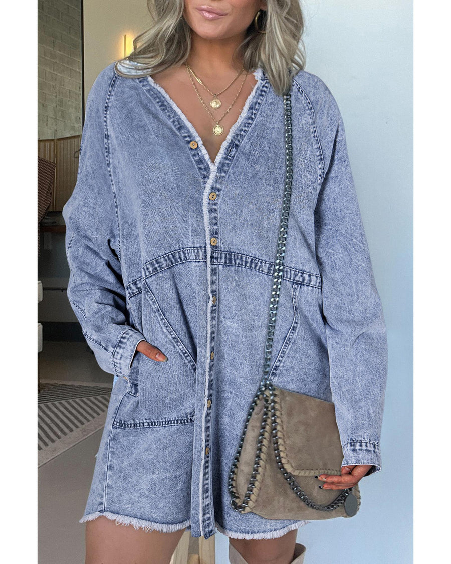 Beau Blue Mineral Wash Long Sleeve Button Up Raw Hem Pocketed Denim Dress - S