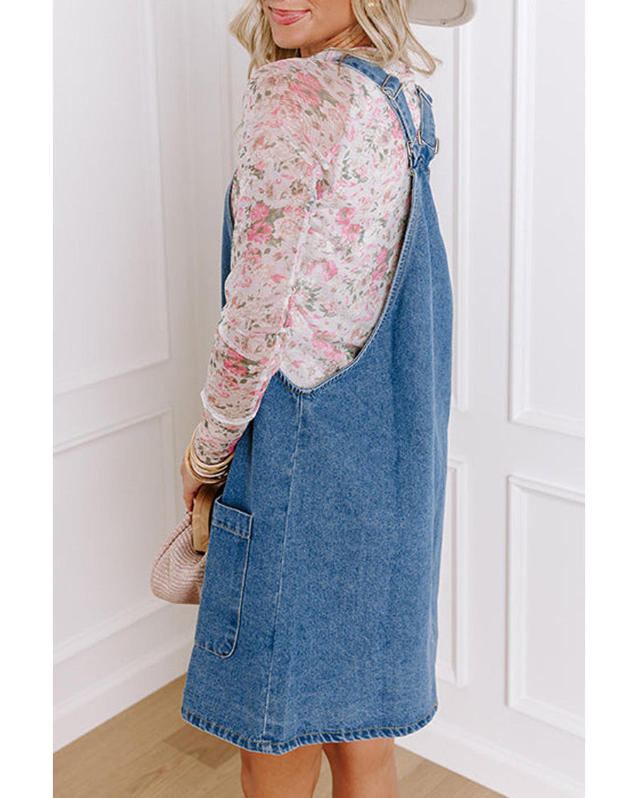 Dusk Blue Wide Strap Button Front Pocketed Denim Mini Dress - XL