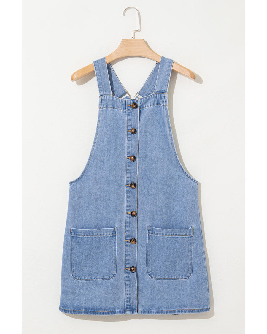 Beau Blue Wide Strap Button Front Pocketed Denim Mini Dress - XL