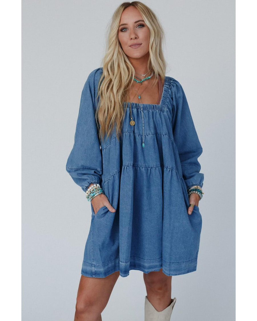 Dusk Blue Square Neck Side Pockets Loose Fit Denim Mini Dress - M